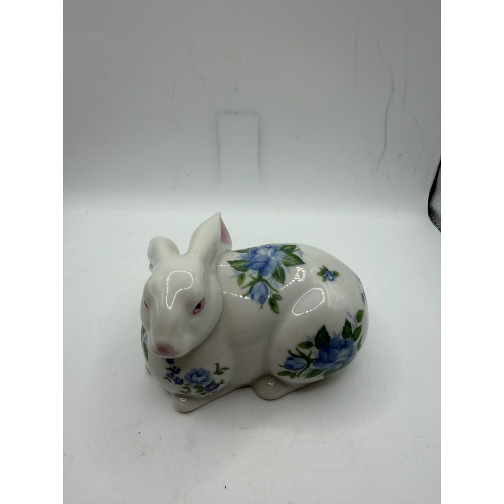 Napcoware Vintage Ceramic Bunny Figurine Blue Floral White Rabbit Japan C7295